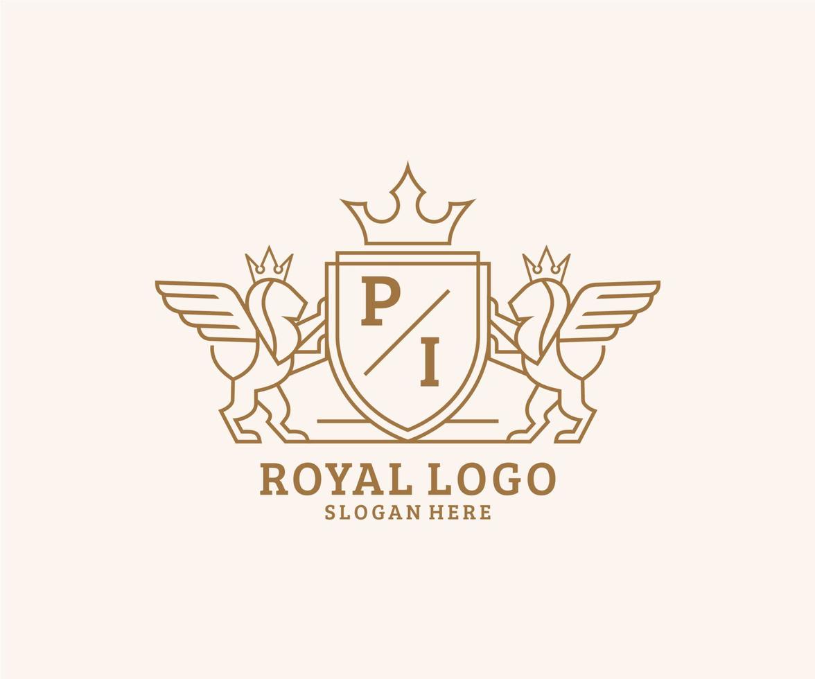 eerste pi brief leeuw Koninklijk luxe heraldisch, wapen logo sjabloon in vector kunst voor restaurant, royalty, boetiek, cafe, hotel, heraldisch, sieraden, mode en andere vector illustratie.