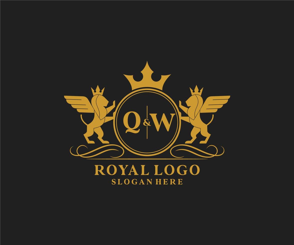 eerste qw brief leeuw Koninklijk luxe heraldisch, wapen logo sjabloon in vector kunst voor restaurant, royalty, boetiek, cafe, hotel, heraldisch, sieraden, mode en andere vector illustratie.