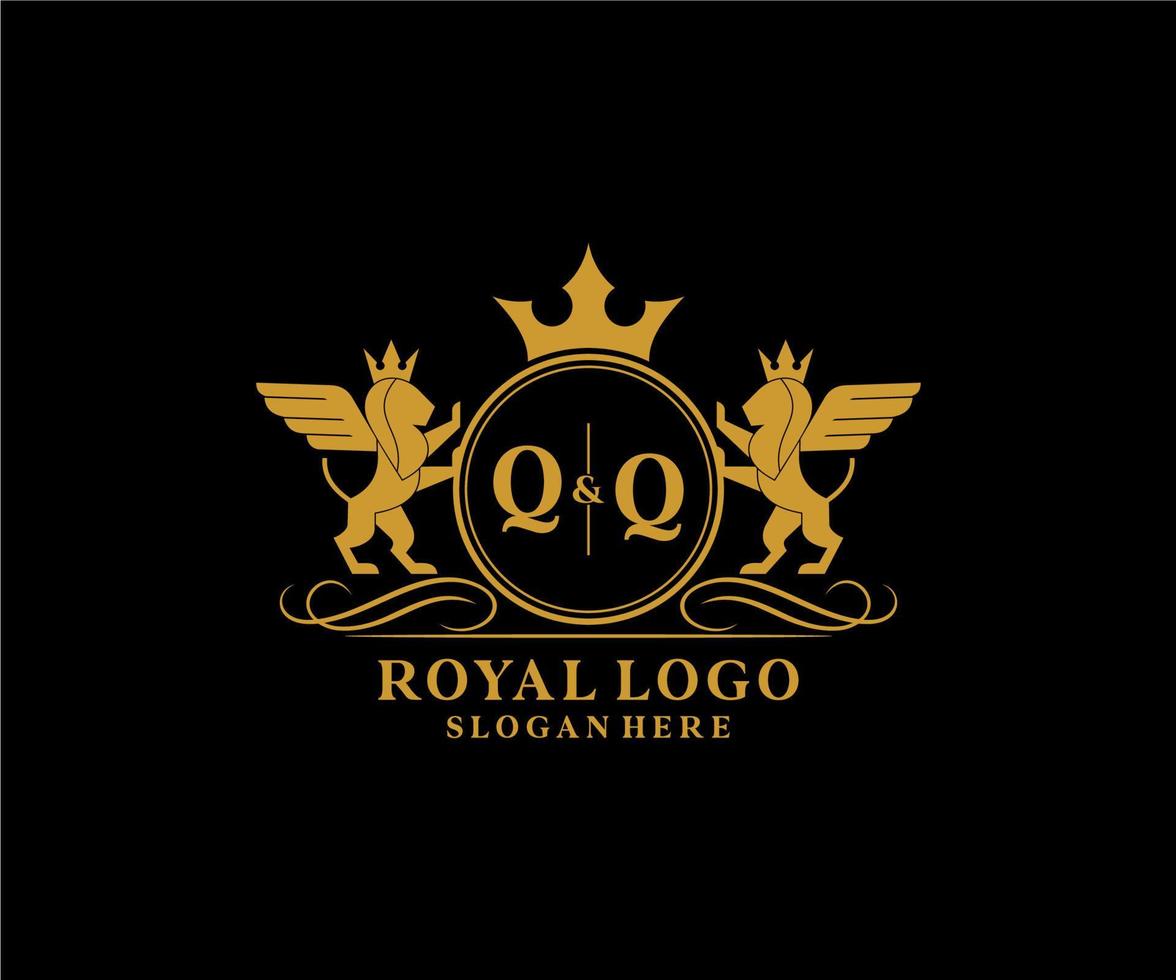 eerste qq brief leeuw Koninklijk luxe heraldisch, wapen logo sjabloon in vector kunst voor restaurant, royalty, boetiek, cafe, hotel, heraldisch, sieraden, mode en andere vector illustratie.