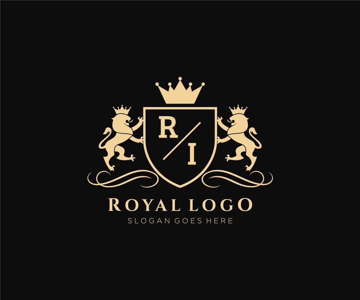 eerste ri brief leeuw Koninklijk luxe heraldisch, wapen logo sjabloon in vector kunst voor restaurant, royalty, boetiek, cafe, hotel, heraldisch, sieraden, mode en andere vector illustratie.