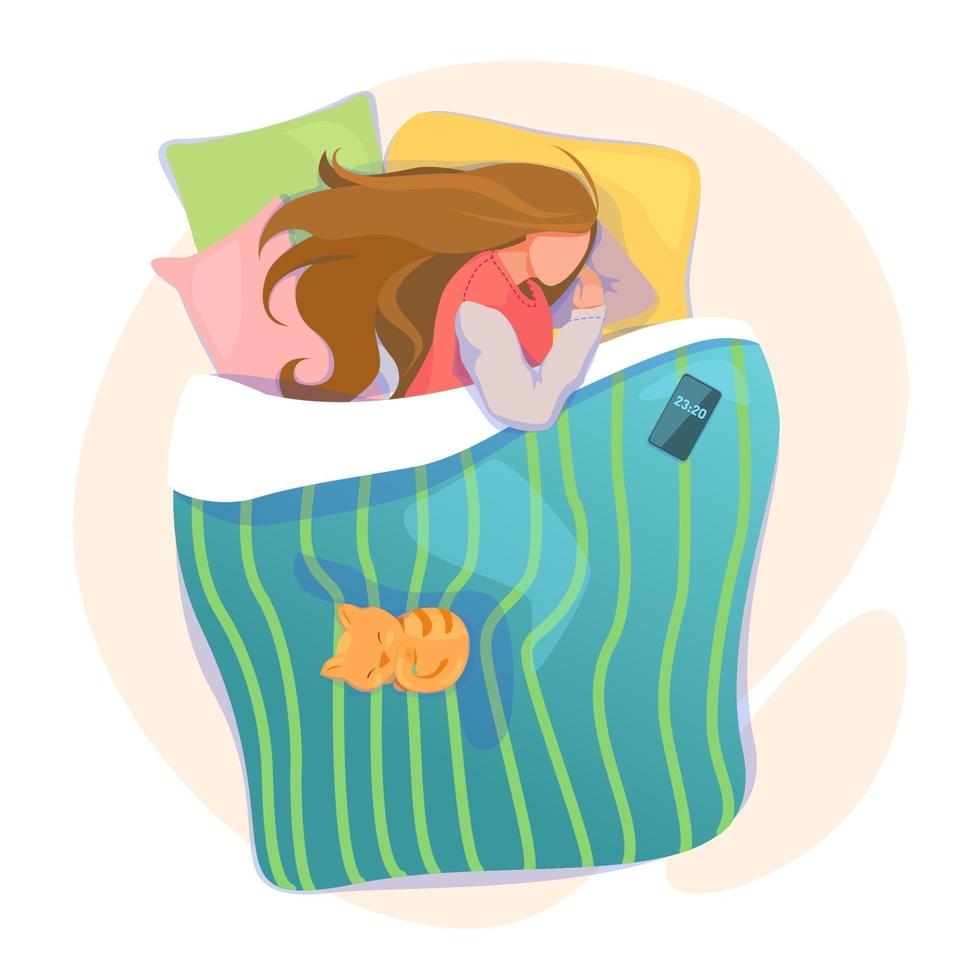 speelende vrouw in bed met telefoon en kat, gezellige bedtijd illustratie. slaapcyclus wekker tracker sjabloon. circadiane ritmes concept. goede nacht, zoete dromen. vector geïsoleerd op een witte achtergrond.