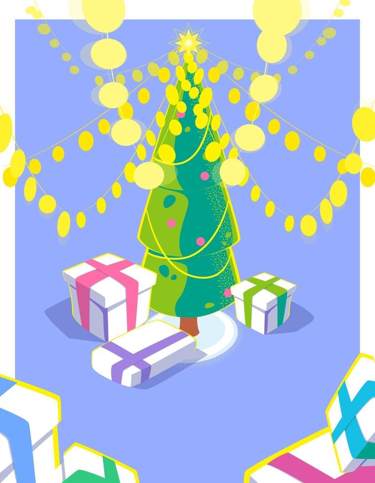 kerstkaart met 3d effect. heldere slinger en geschenkdozen onder de kerstboom. vakantieseizoen illustratie met veel gele lichten. kleurrijk winterseizoenontwerp. vector platte concept.