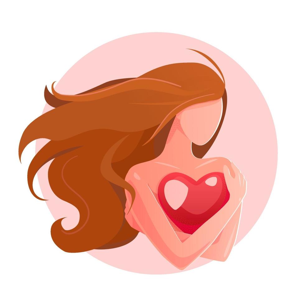 hou van jezelf concept. meisje gezondheidszorg vectorillustratie. vrouw knuffelen zichzelf met hart op witte geïsoleerde achtergrond. eenzame valentines wenskaart. logo voor geestelijke gezondheid van eigenwaarde. vector