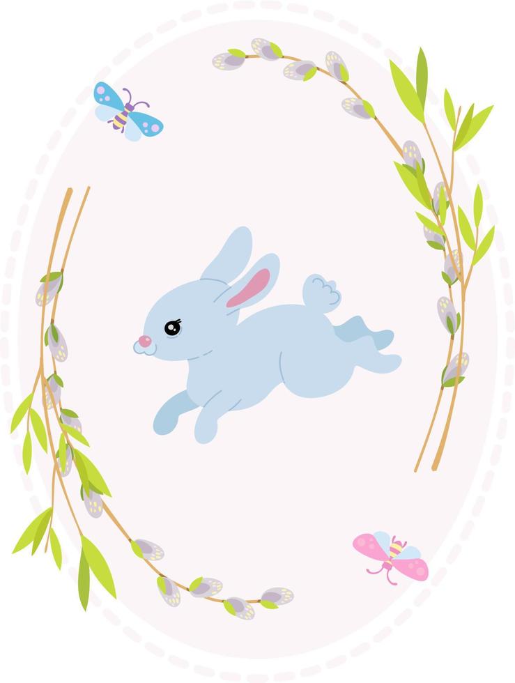 Pasen kaart, schattig blauw konijn in een krans van wilg takjes. groet kaart vector