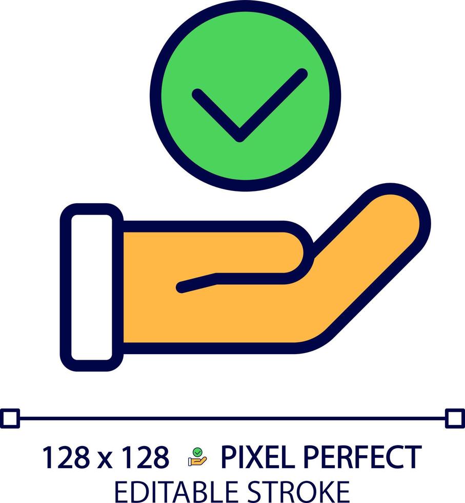 hand- met controleren Mark pixel perfect rgb kleur icoon. palm Holding Kruis aan. maken Rechtsaf beslissing. keuze goedkeuring. geïsoleerd vector illustratie. gemakkelijk gevulde lijn tekening. bewerkbare beroerte