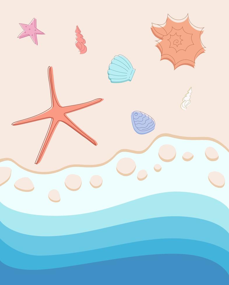 ansichtkaart, achtergrond van strand tafereel met zeester en schelpen in oceaan golven. vector