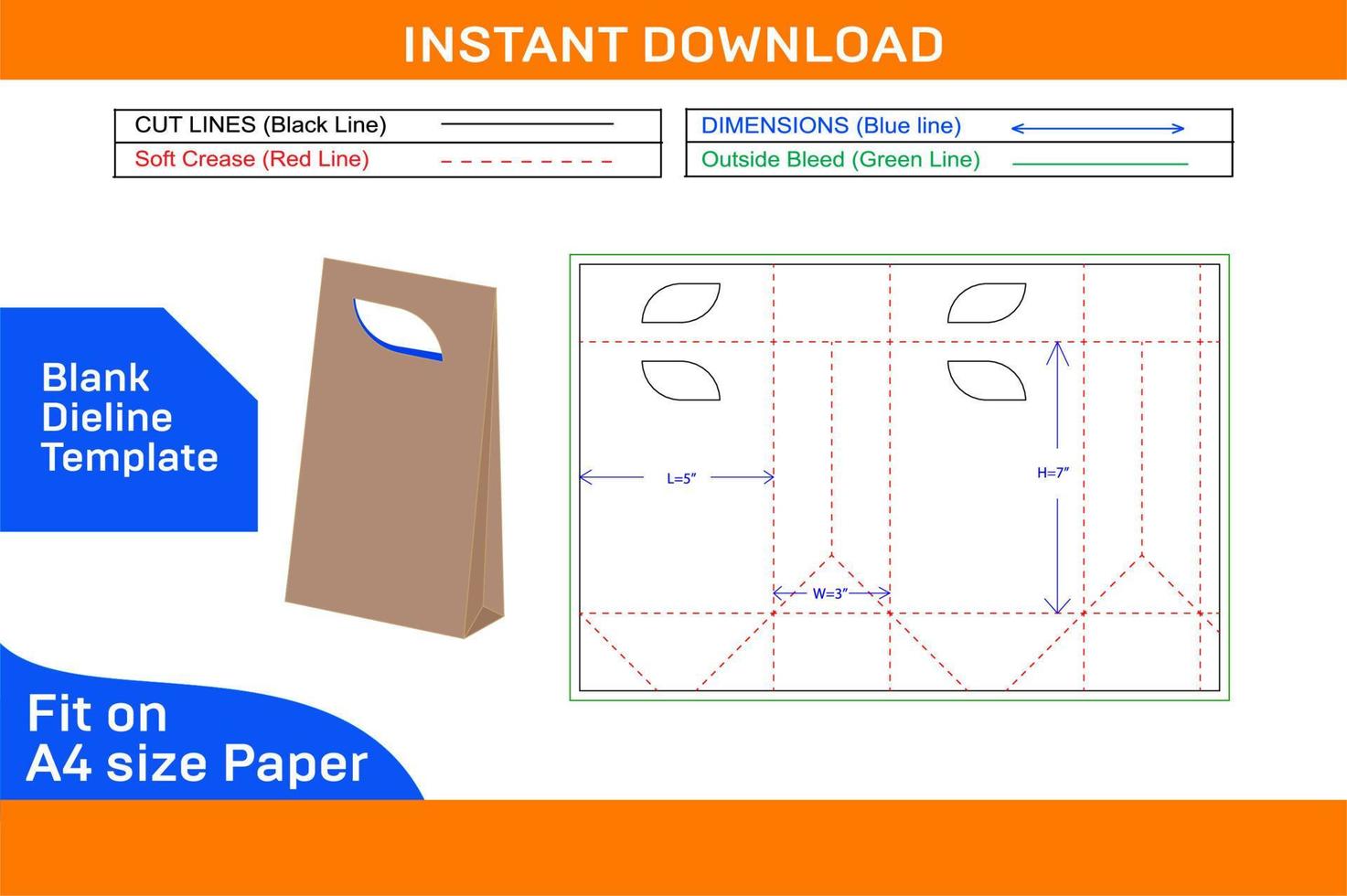 boodschappen doen zak of verrassing geschenk doos dieline sjabloon, 3d doos kleur veranderlijk en bewerkbare blanco dieline sjabloon vector