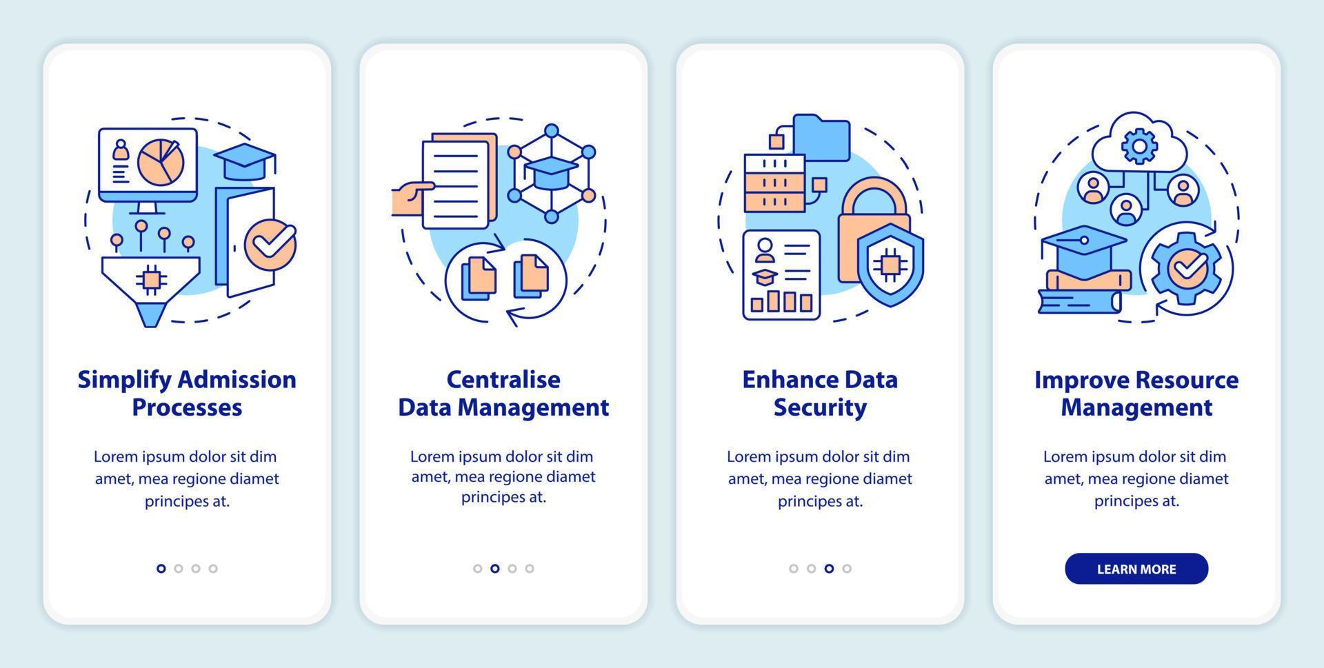 industrie specifiek erp voordelen onboarding mobiel app scherm. onderwijs walkthrough 4 stappen bewerkbare grafisch instructies met lineair concepten. ui, ux, gui sjabloon vector