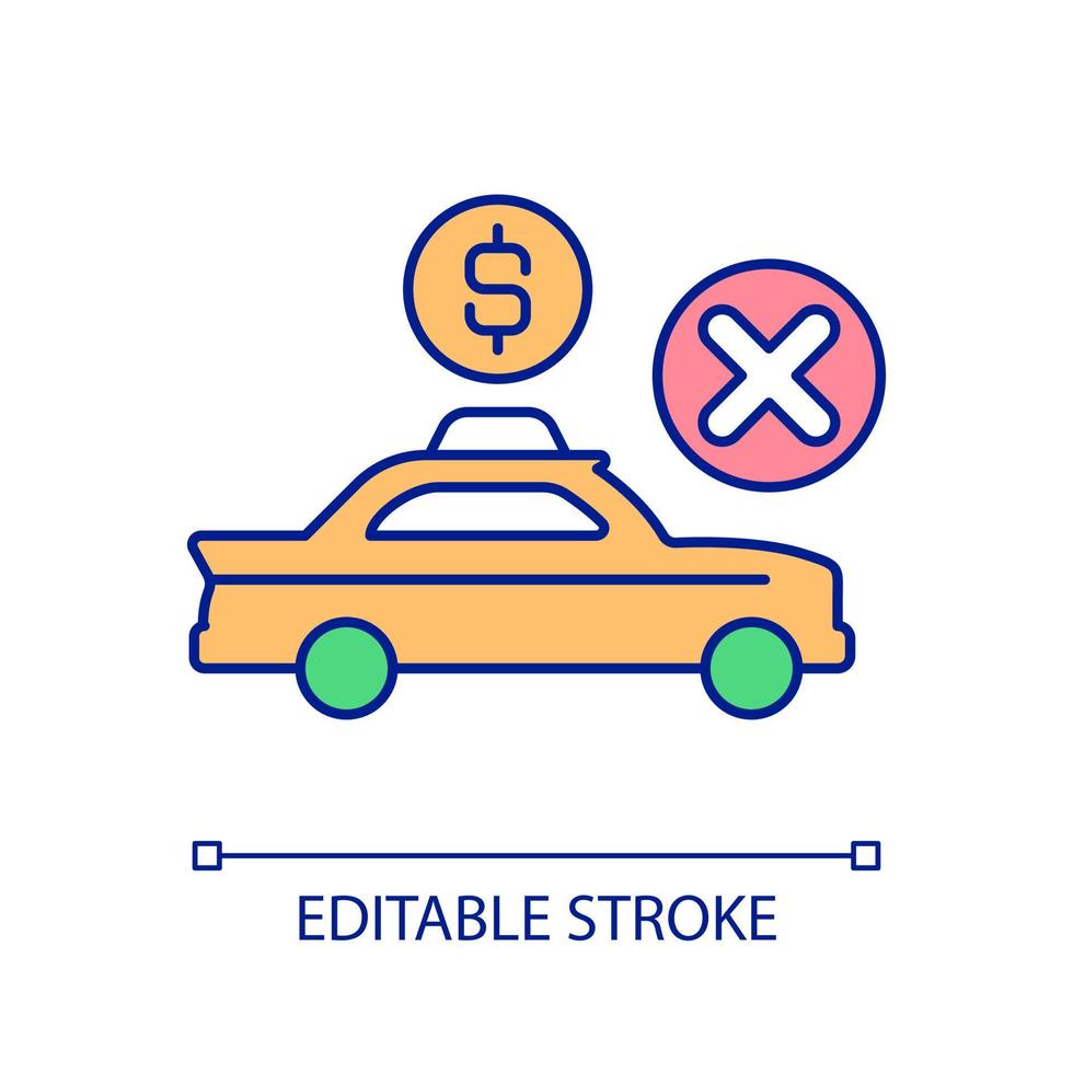 weigeren taxi Diensten rgb kleur icoon. verminderen woon-werkverkeer kosten. verlagen reizen uitgaven. vermijden hoog prijzen. geïsoleerd vector illustratie. gemakkelijk gevulde lijn tekening. bewerkbare beroerte