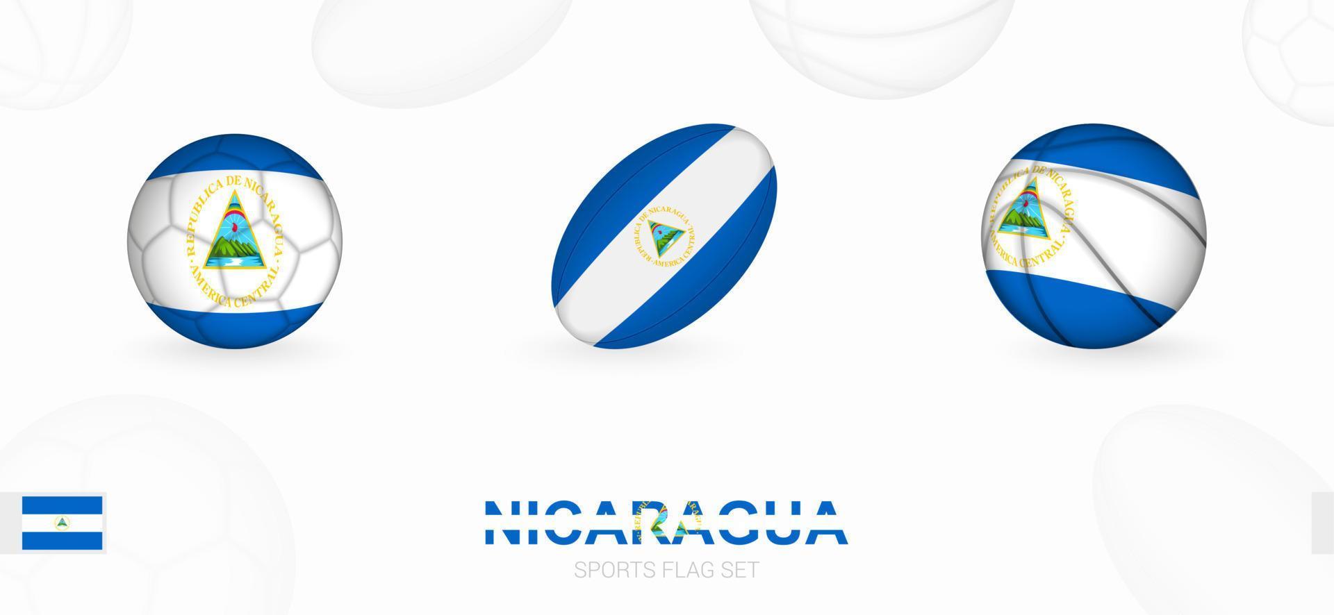 sport- pictogrammen voor Amerikaans voetbal, rugby en basketbal met de vlag van Nicaragua. vector