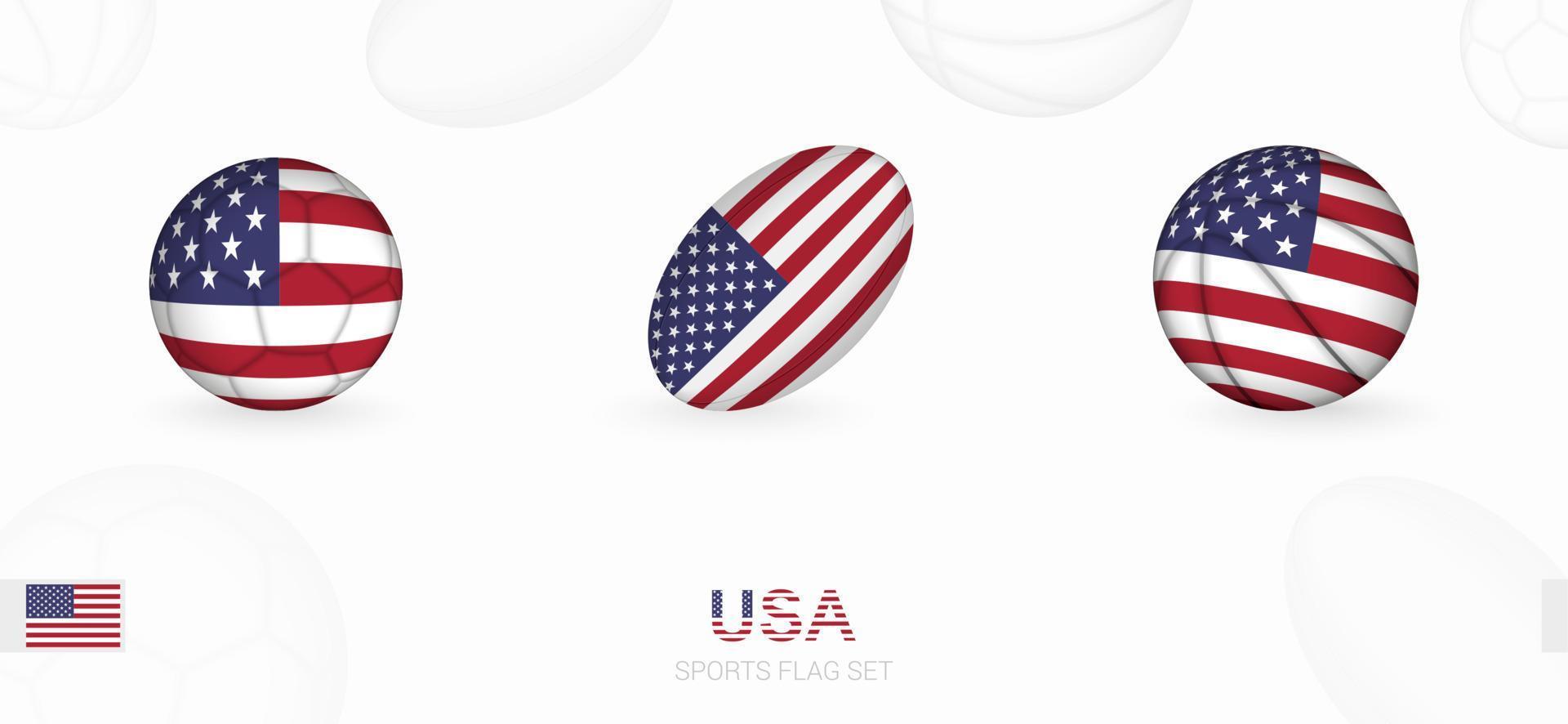 sport- pictogrammen voor Amerikaans voetbal, rugby en basketbal met de vlag van Verenigde Staten van Amerika. vector