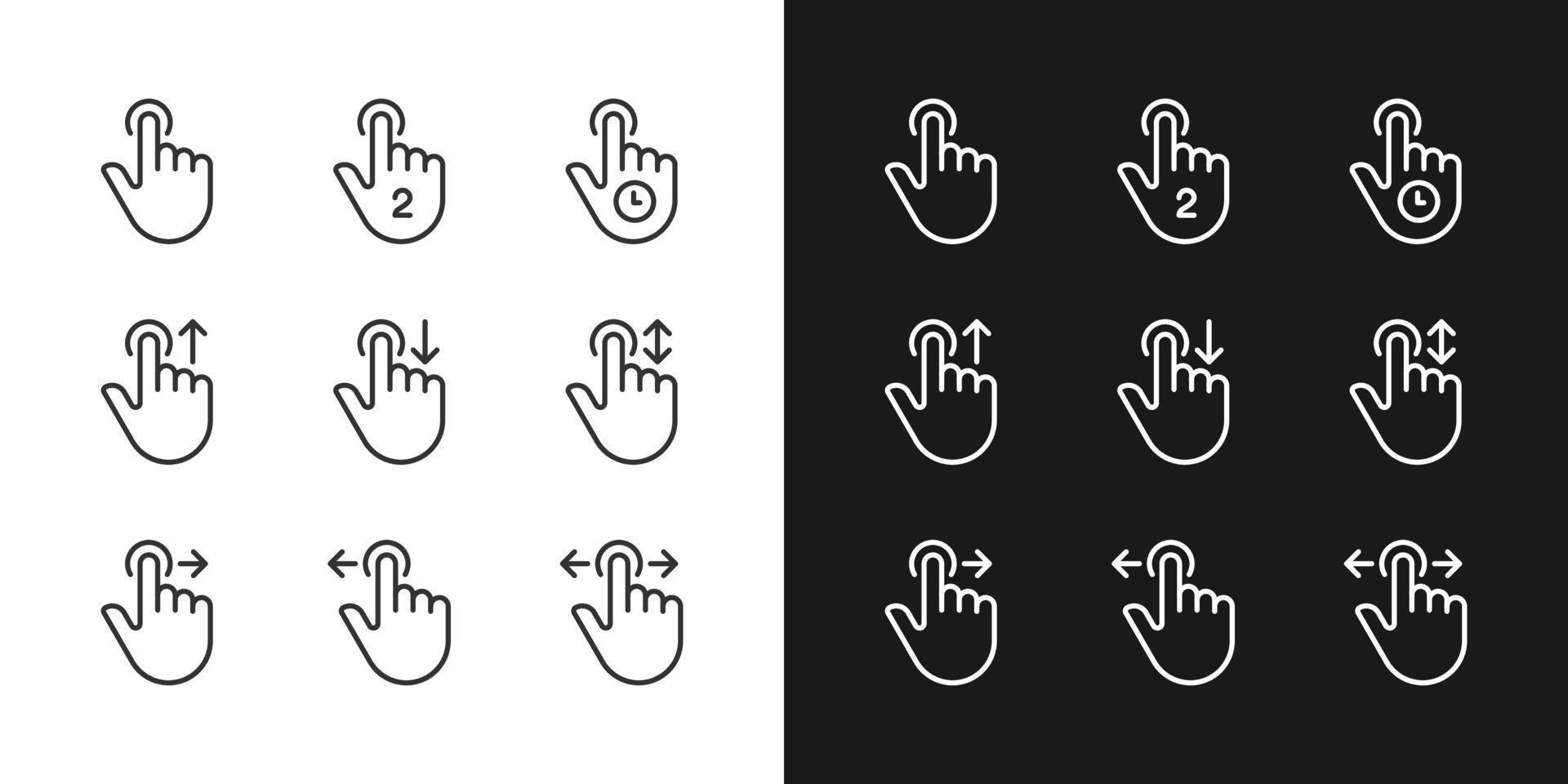 touch screen controle pixel perfect lineair pictogrammen reeks voor donker, licht modus. navigatie gebaren. smartphone en tablet. dun lijn symbolen voor nacht, dag thema. geïsoleerd illustraties. bewerkbare beroerte vector