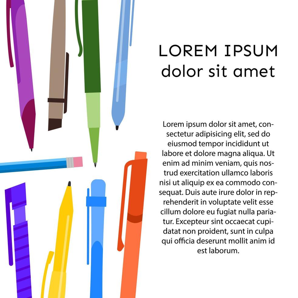 achtergrond met pennen, potloden en plaats voor uw tekst. vector illustratie.