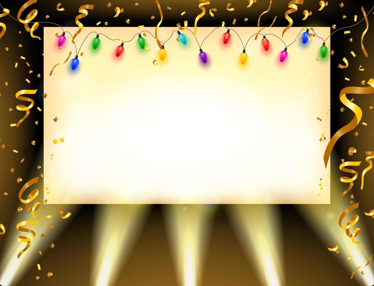 spotlight schijnend Aan aanplakbord met goud confetti en kleurrijk bollen, vector illustratie