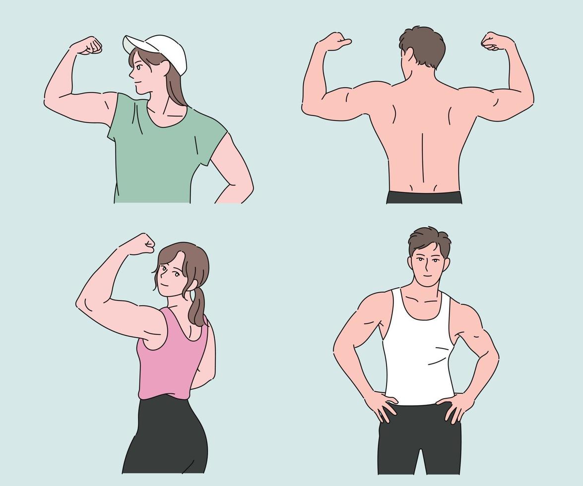 fitnessmensen die grote spieren tonen. hand getrokken stijl vector ontwerp illustraties.