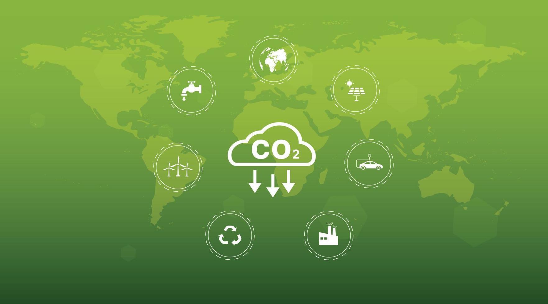 verminderen co2 uitstoot naar begrenzing globaal opwarming. lager co2 niveaus met duurzame ontwikkeling van hernieuwbaar energie, aanplant boom, en groen energie naar hou op klimaat Wijzigen. vector