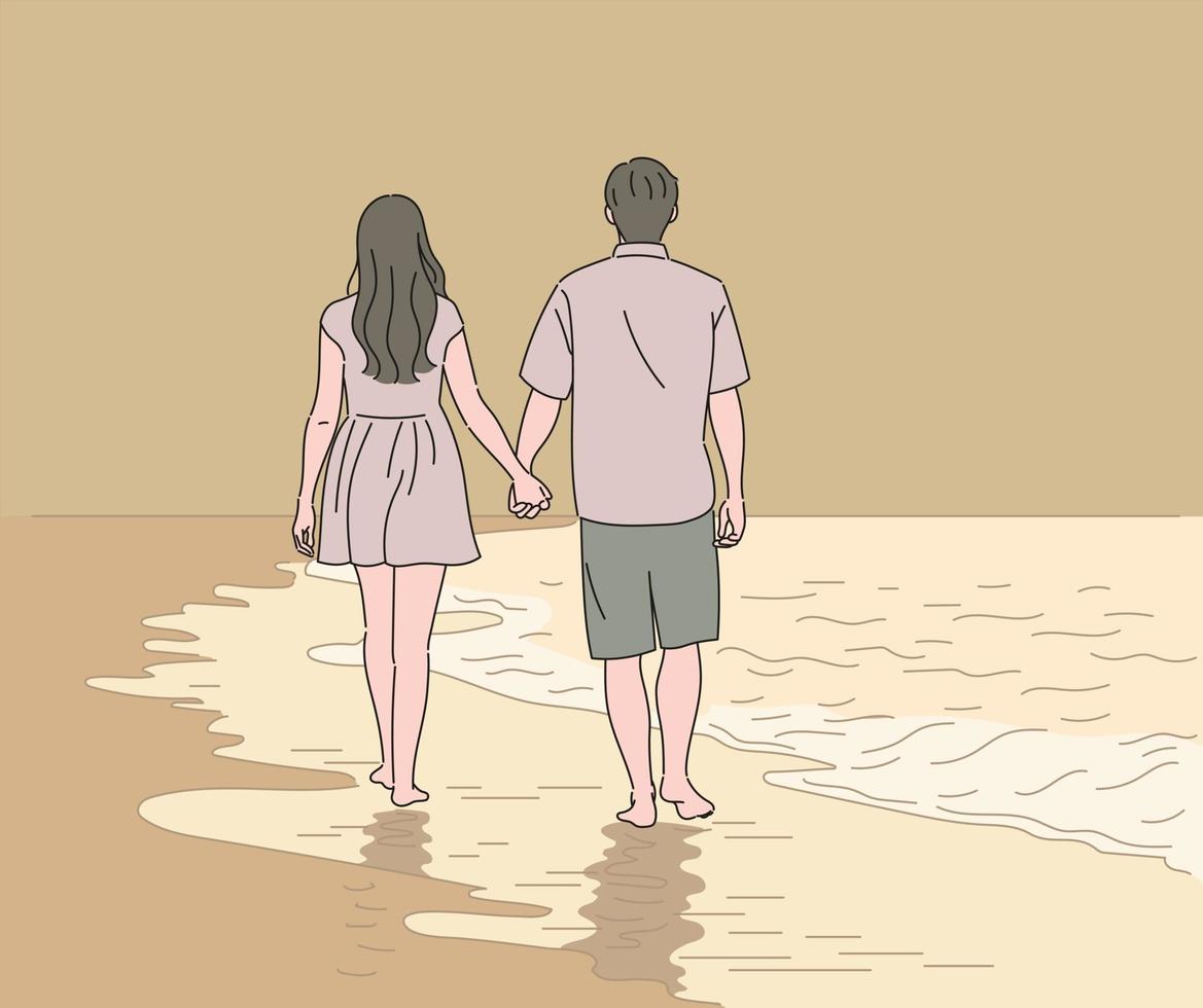 een paar mannen en vrouwen lopen hand in hand op het strand. hand getrokken stijl vector ontwerp illustraties.