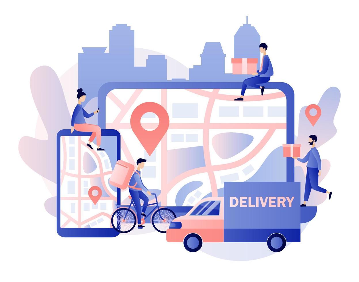 online levering onderhoud concept. bestellen volgen. klein mensen zijn koeriers en klanten. koerier Aan fiets en levering bestelwagen. modern vlak tekenfilm stijl. vector illustratie Aan wit achtergrond