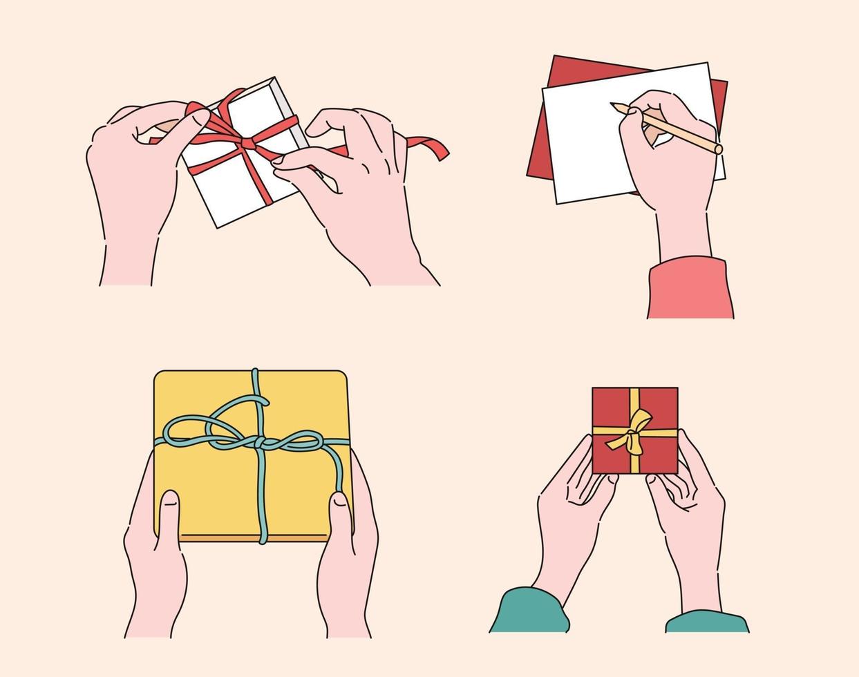 hand inpakken van een geschenk en het schrijven van een kaart. hand getrokken stijl vector ontwerp illustraties.