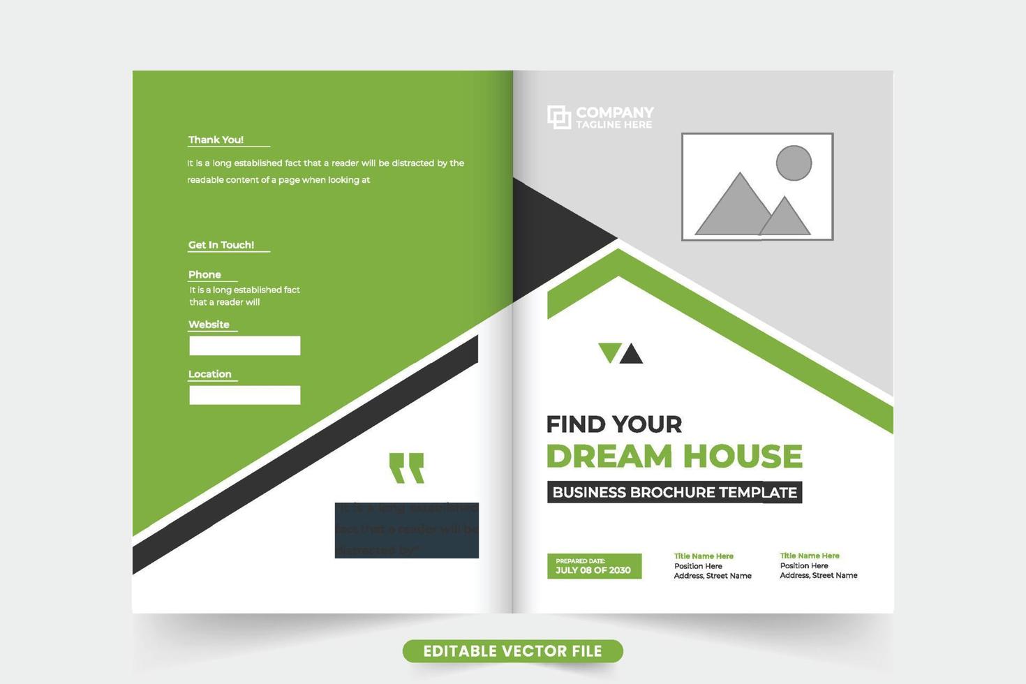 creatief huis uitverkoop en eigendom beheer boek Hoes ontwerp met groen en donker kleuren. echt landgoed eigendom beheer bedrijf promotionele tijdschrift omslag. huis verkoop bedrijf brochure omslag. vector