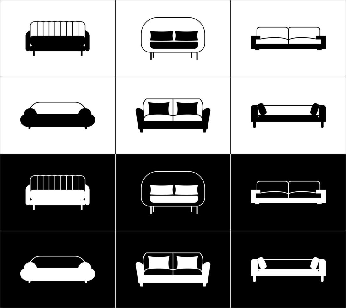 sofa pictogrammen set. meubilair schets pictogrammen. zwart en wit. vector