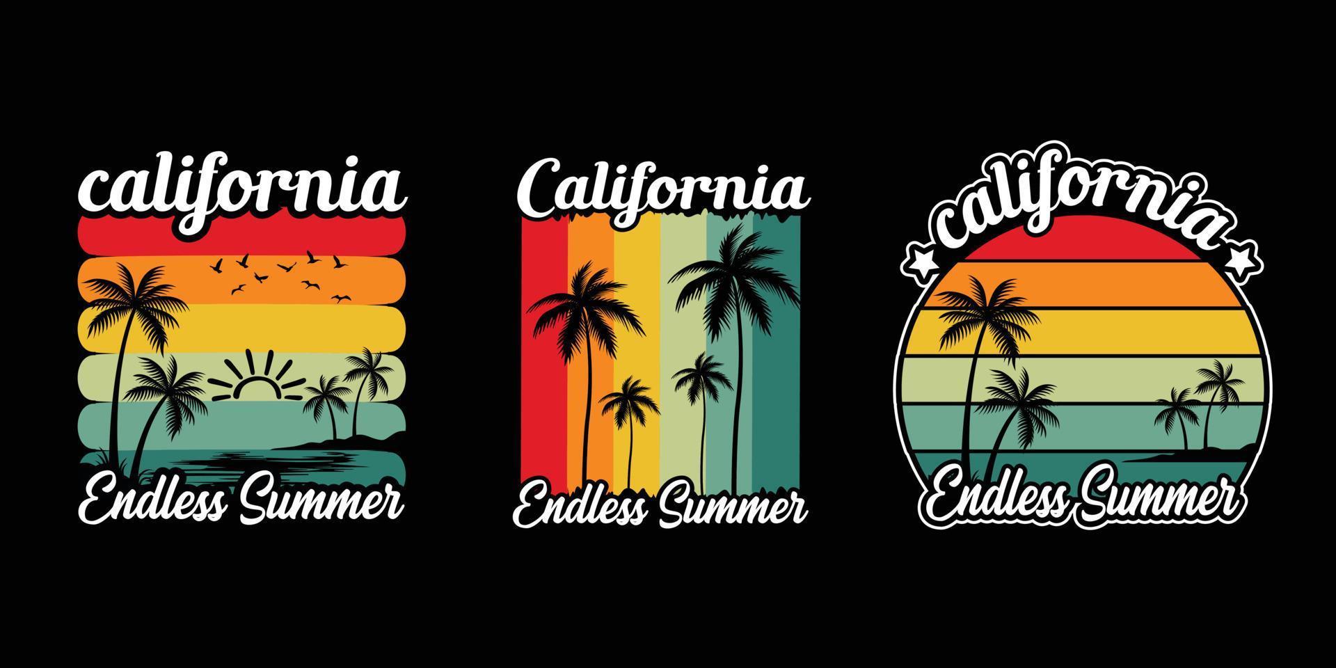 wijnoogst retro zonsondergang zomer strand t-shirt ontwerp voor zomer gevoel enkel en alleen, Californië strand genieten zomer met palm bomen ligstoel paraplu t-shirt grafiek banier, poster, folder vector illustratie