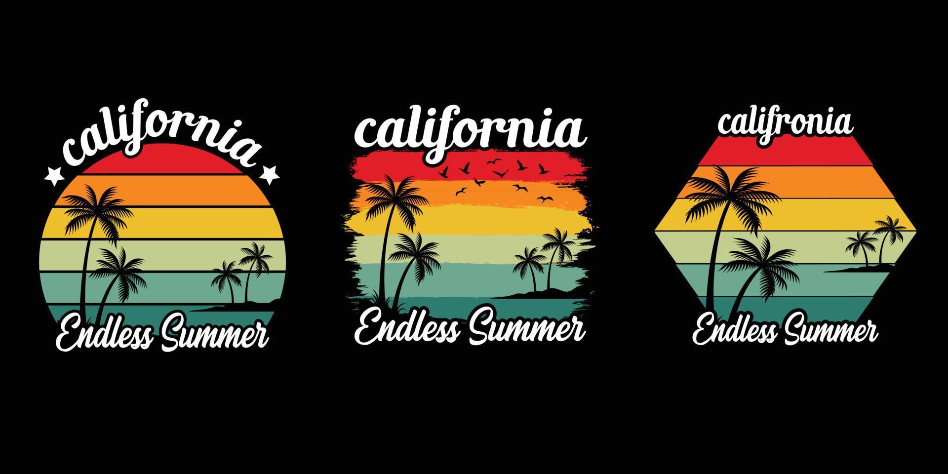 wijnoogst retro zonsondergang zomer strand t-shirt ontwerp voor zomer gevoel enkel en alleen, Californië strand genieten zomer met palm bomen ligstoel paraplu t-shirt grafiek banier, poster, folder vector illustratie