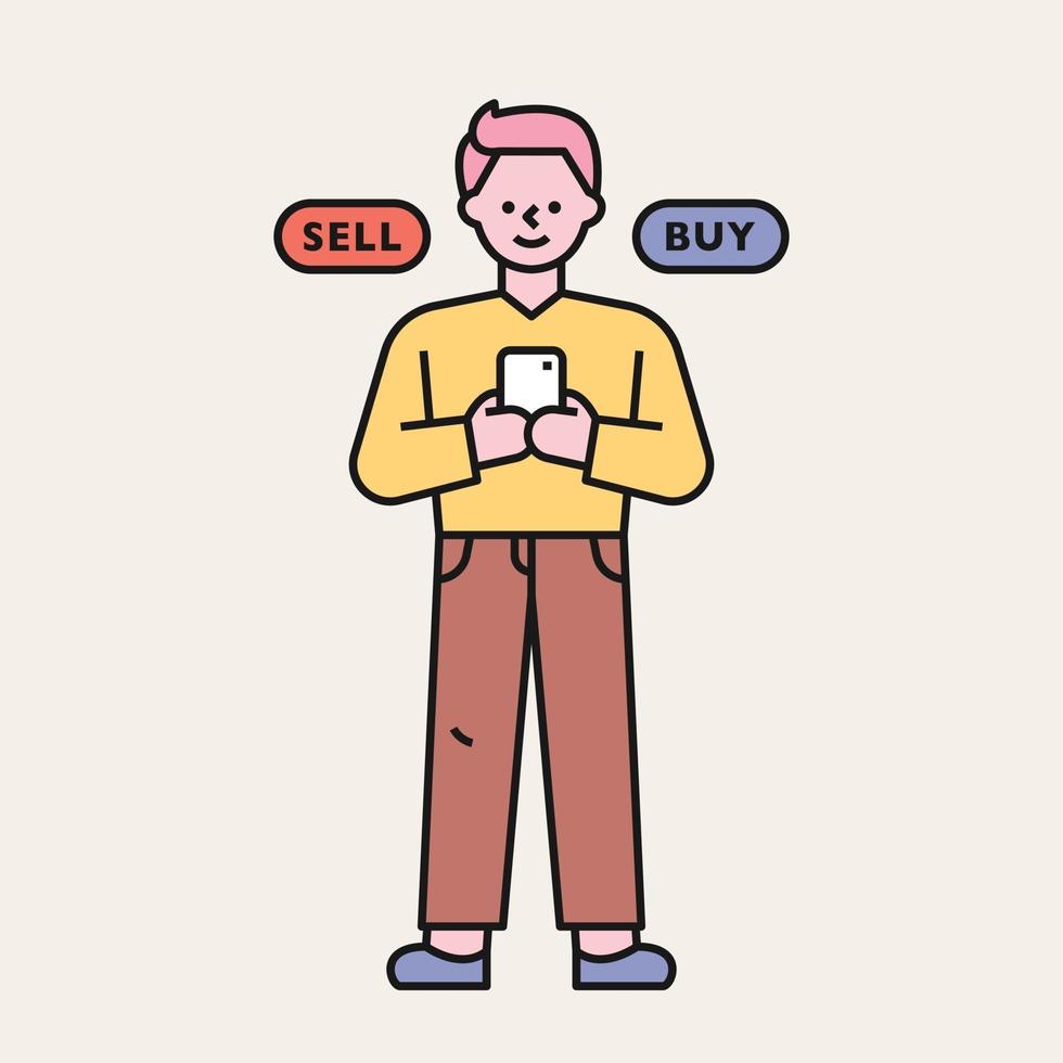 een man koopt en verkoopt aandelen op mobiel. platte ontwerpstijl minimale vectorillustratie. vector