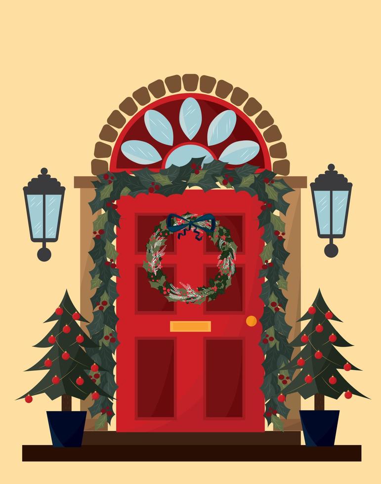 Kerstmis kaart. Kerstmis krans Aan de deur. huis gedurende kerstmis. hoog kwaliteit vector illustratie.