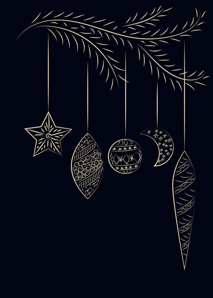 nieuw jaar kaart in een minimalistisch stijl. Kerstmis speelgoed met goud Aan een blauw achtergrond vector