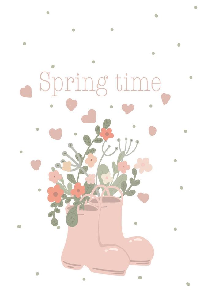 rubber laarzen met bloemen voorjaar hand- getrokken kaart vector