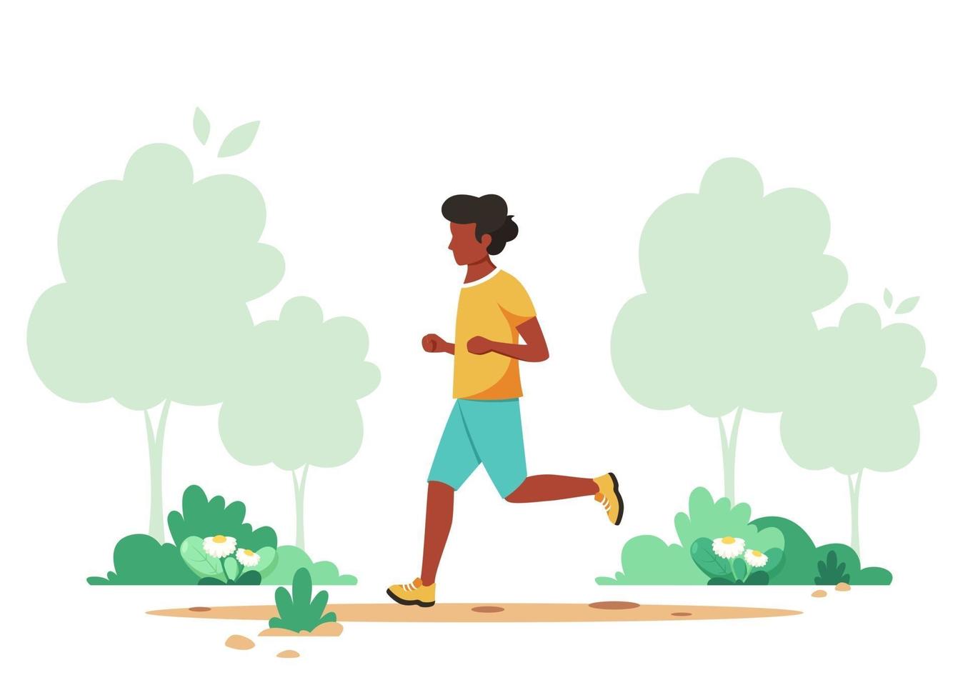 zwarte man joggen in voorjaar park. buitenactiviteit, gezonde levensstijl. vector illustratie.