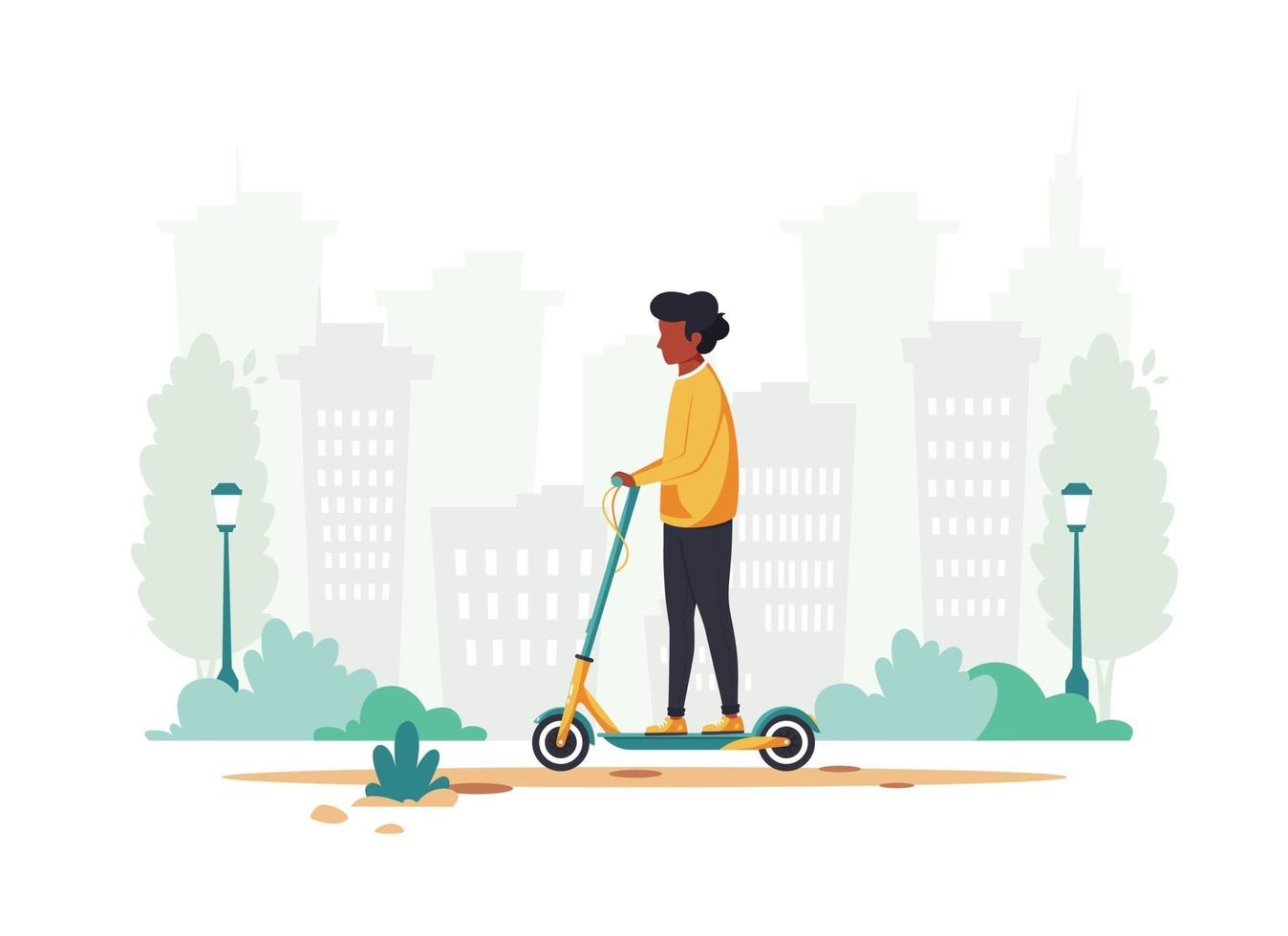 zwarte man elektrische kick scooter rijden. eco transport concept. vector illustratie