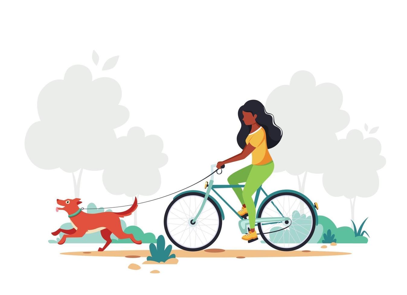 zwarte vrouw rijden fiets met hond in park. gezonde levensstijl, concept voor buitenactiviteiten. vector illustratie.