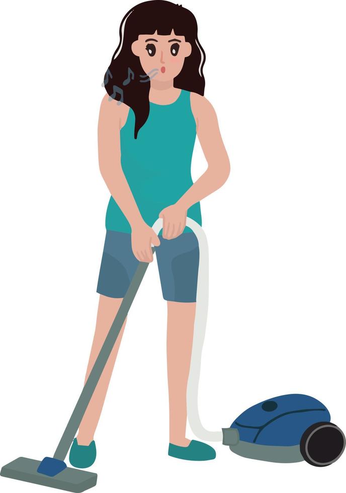 portret van vrouw mam genieten en gelukkig schoonmaak de verdieping gebruik makend van een vacuüm schoonmaakster terwijl fluitend illustratie vector