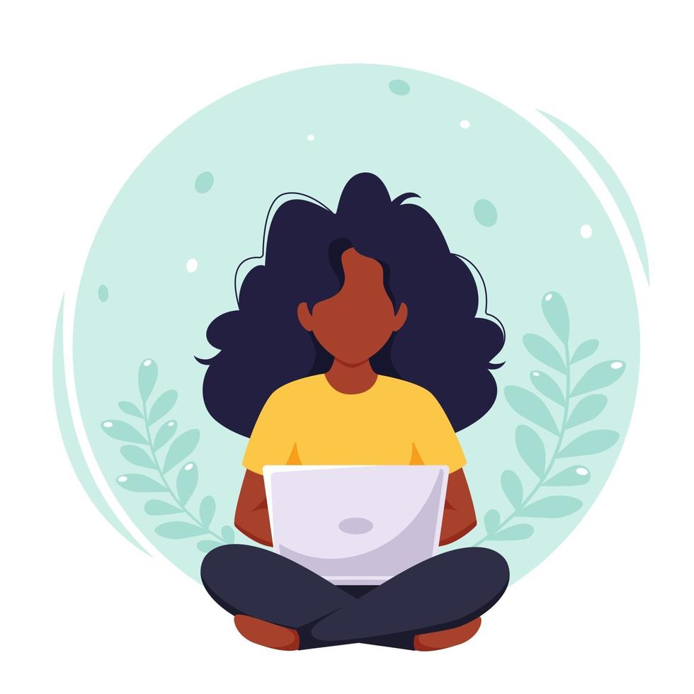 zwarte vrouw die op laptop werkt. freelance, werken op afstand, online studeren, thuiswerkconcept. vector illustratie