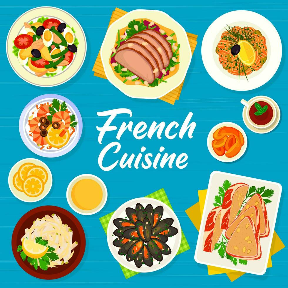 Frans keuken menu omslag, vector voedsel van Frankrijk