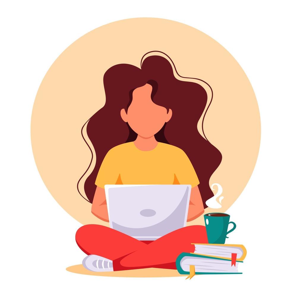 vrouw die op laptop werkt. freelance, werken op afstand, online studeren, thuiswerken. vector illustratie.