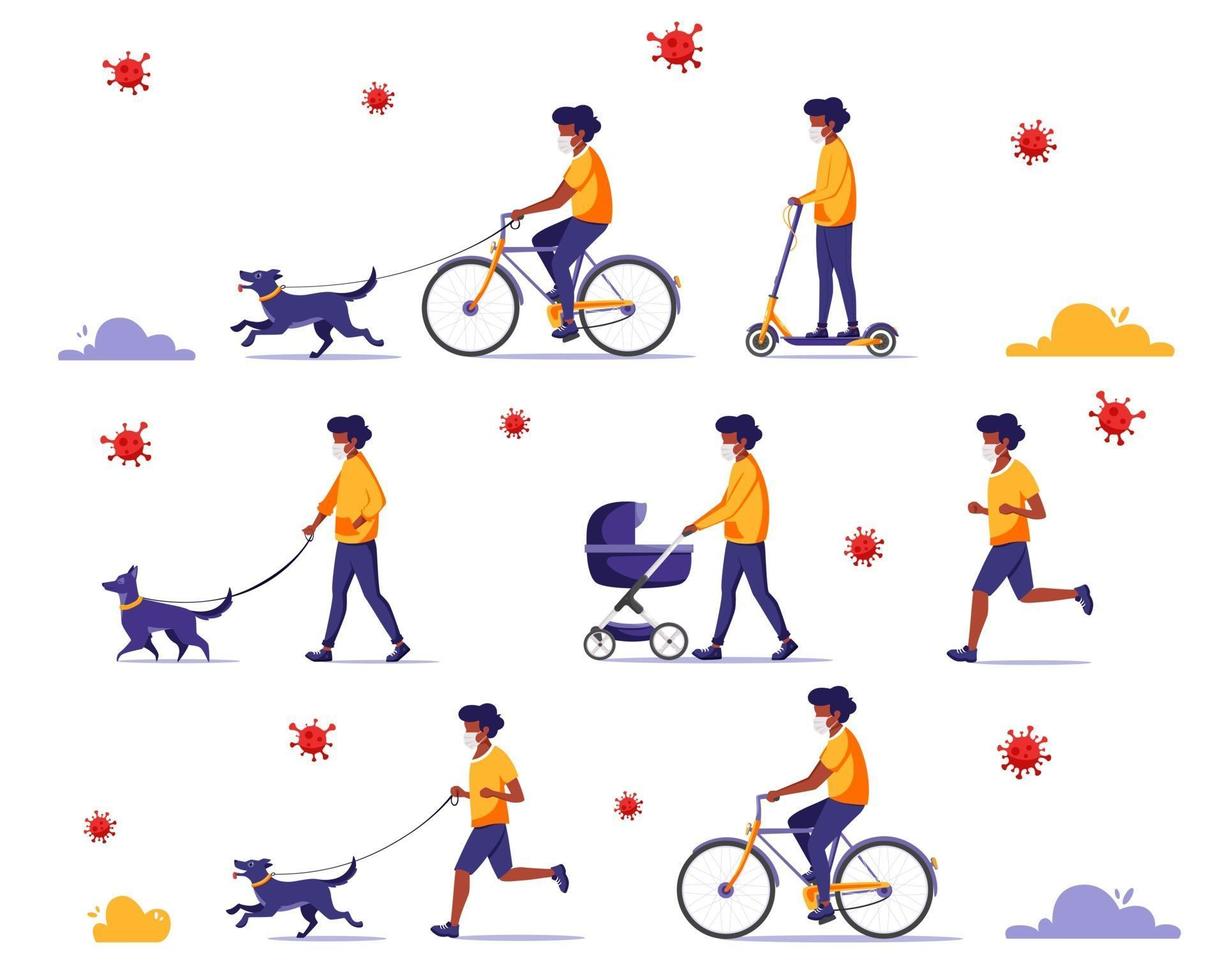 zwarte man doet buitenactiviteiten tijdens pandemie. wandelen met hond, fietsen, joggen. zwarte man in gezichtsmasker. quarantaine concept. vector