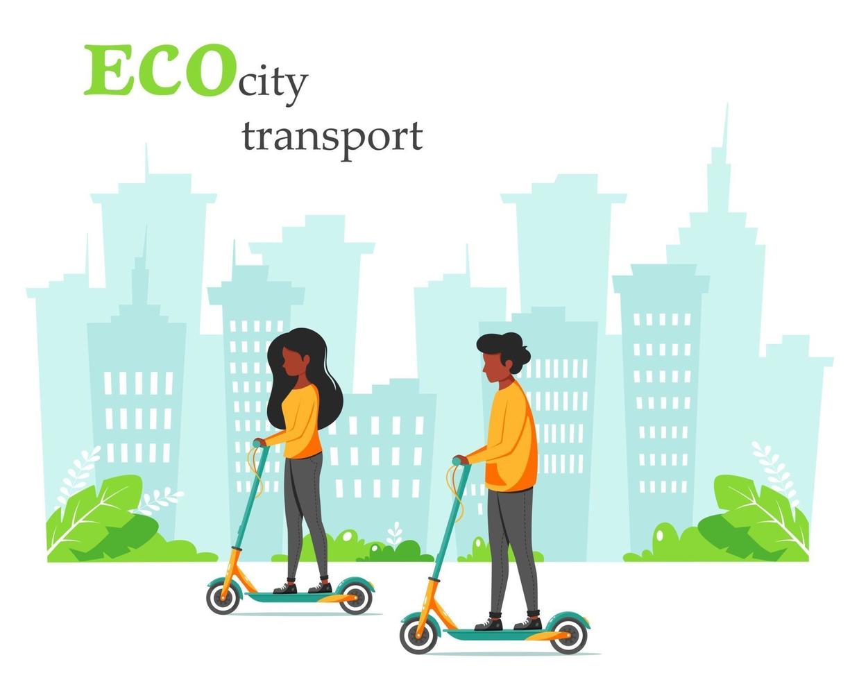 eco stadsvervoer. zwarte man en zwarte vrouw rijden kick scooter. vector illustratie
