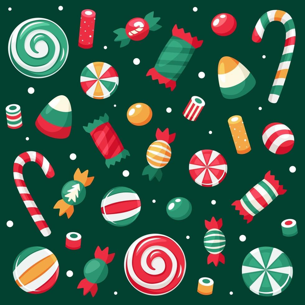 vrolijke kerstkaart. Kerstmissnoepjes en suikergoedcollectie. vector illustratie.
