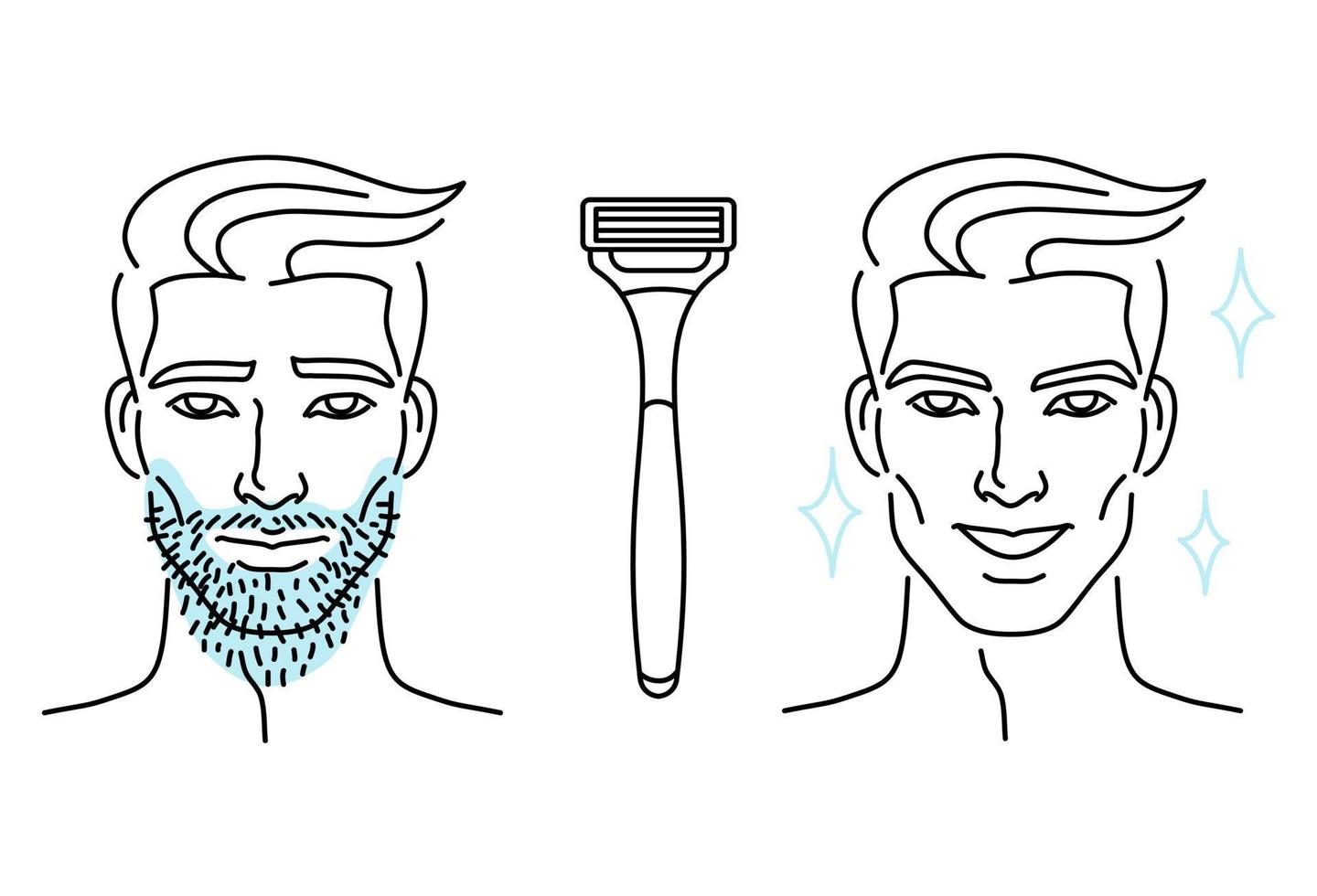 Mannen baard haar- verwijdering voordat en na, schoonheid lichaam zorg concept met scheermes. vector ontwerp illustratie.