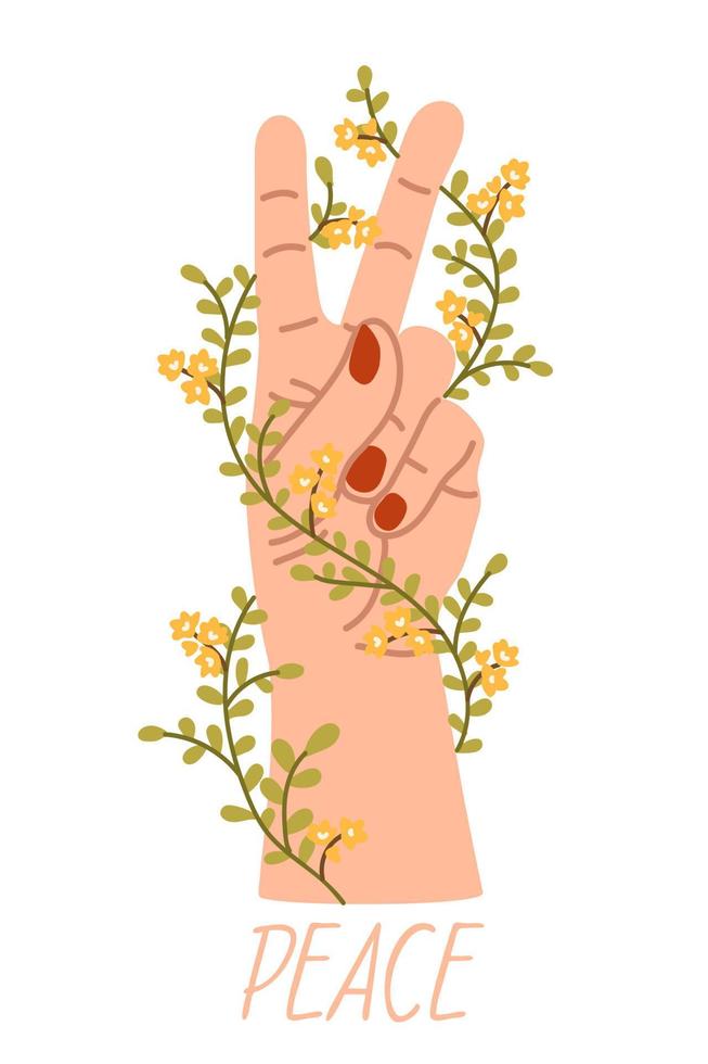 hand- tonen de vrede teken omringd door bloemen. vector tekenfilm illustratie