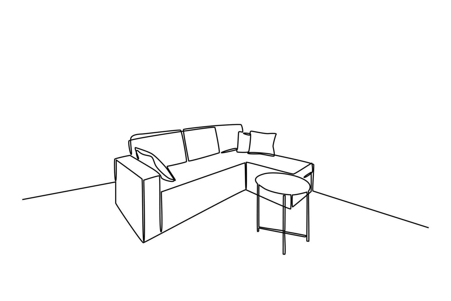 doorlopend een lijn tekening interieur van de leven kamer met sofa en decoratie accessoires. leven kamer concept. single lijn trek ontwerp vector grafisch illustratie.