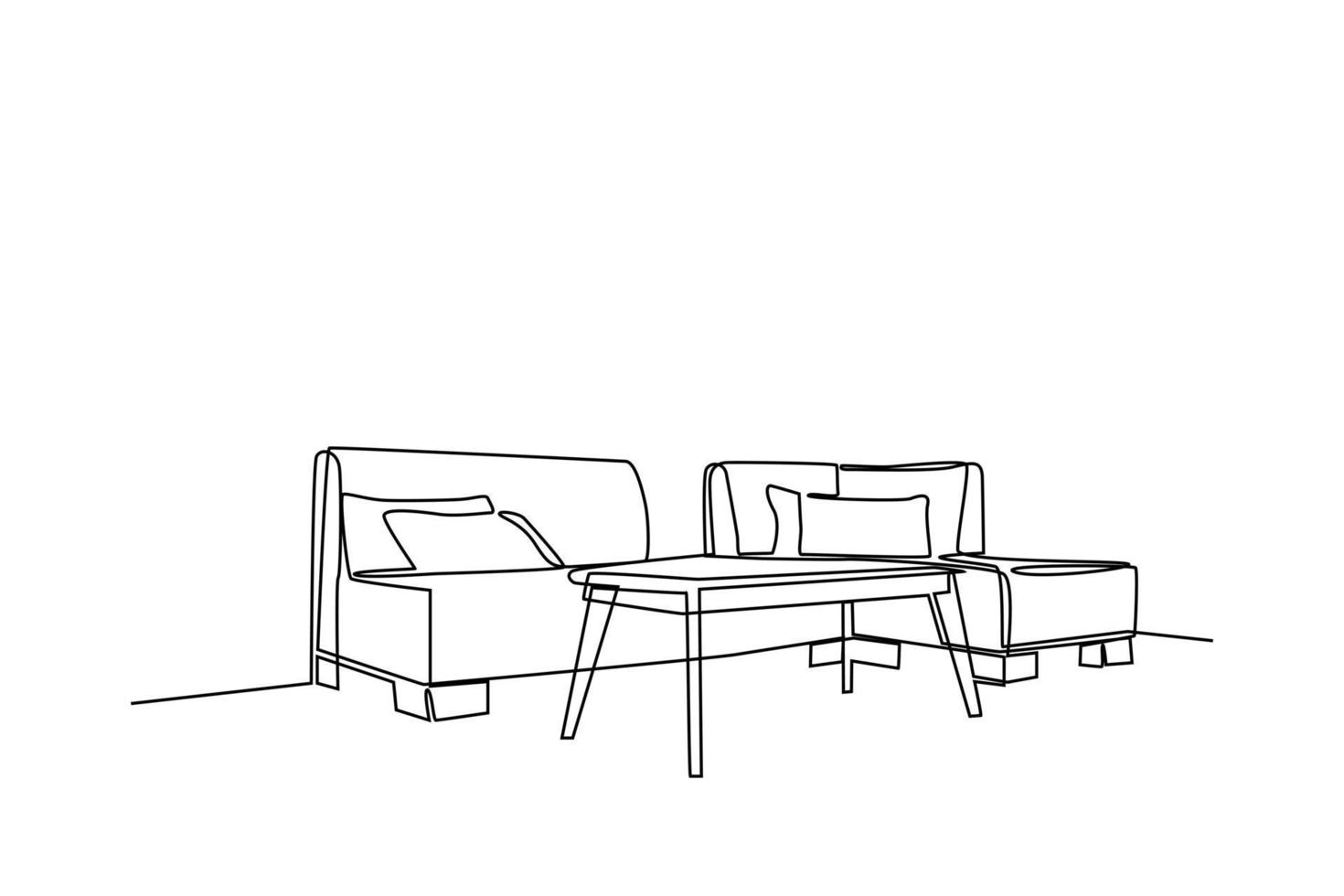 doorlopend een lijn tekening interieur van de leven kamer met sofa en decoratie accessoires. leven kamer concept. single lijn trek ontwerp vector grafisch illustratie.