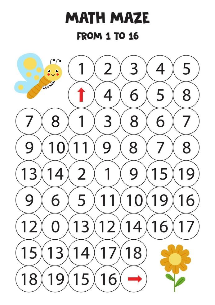 breng schattige kawaiivlinder naar de bloem door tot 16 te tellen. vector