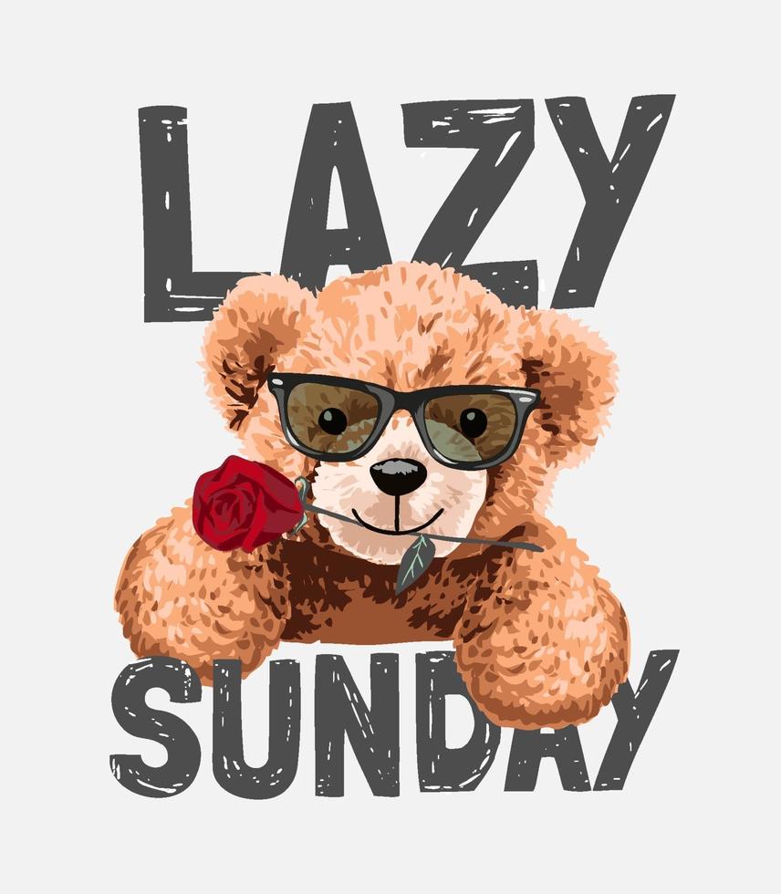 luie zondagsslogan met berenstuk speelgoed in zonnebril met roze illustratie vector