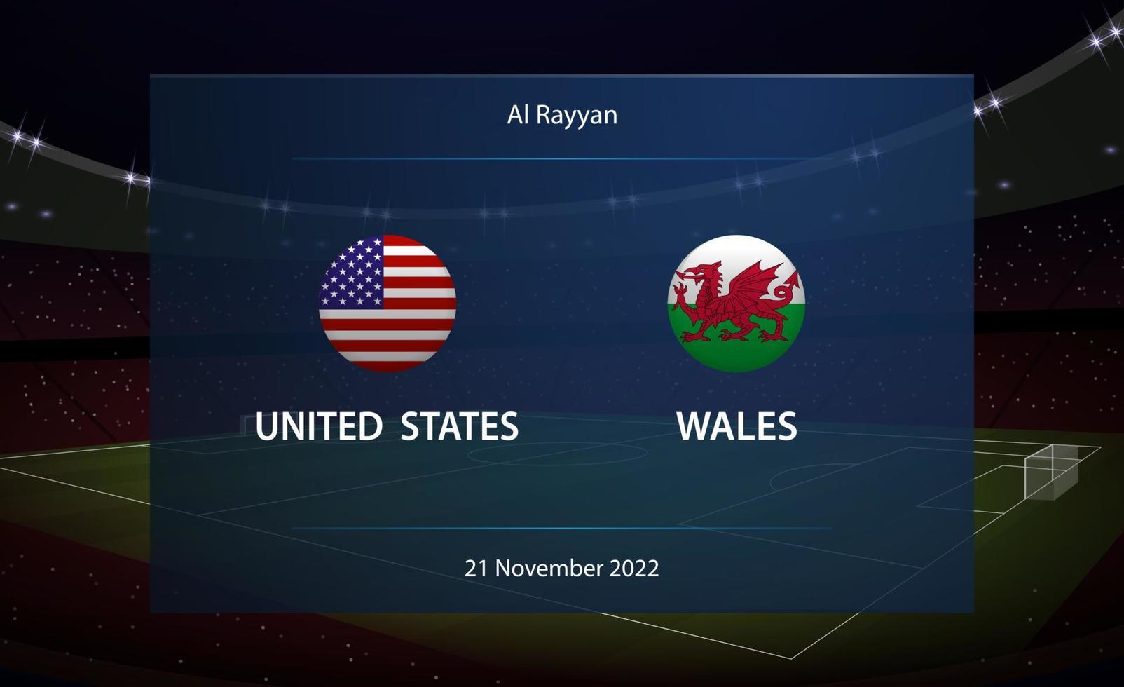 Verenigde staten vs Wales. Amerikaans voetbal scorebord uitzending grafisch vector