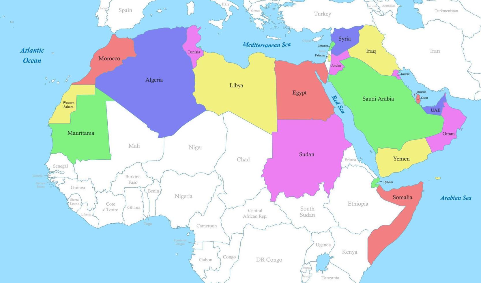 kaart van Arabisch wereld met borders van de staten vector