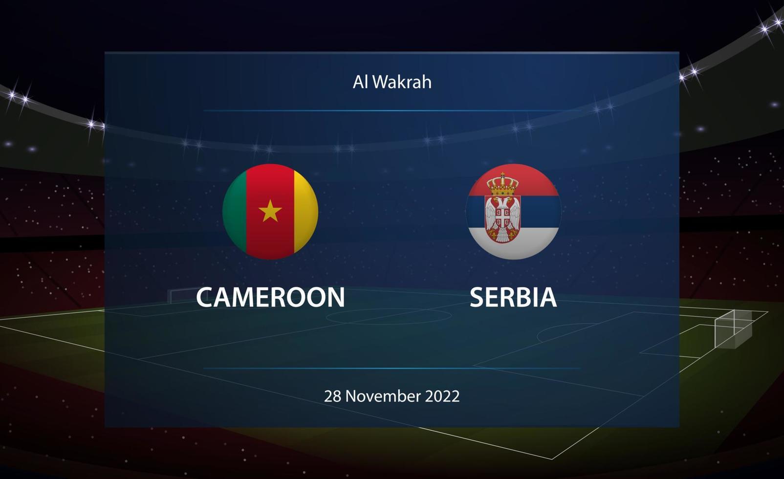 Kameroen vs servië. Amerikaans voetbal scorebord uitzending grafisch vector